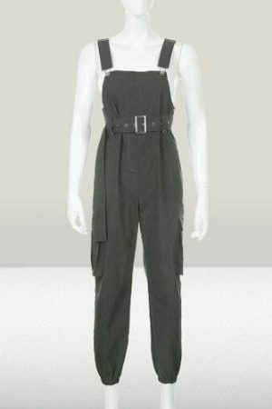 Y2K Streetwear Charcoal Cargo Jumpsuit High Waist Women's Fashion