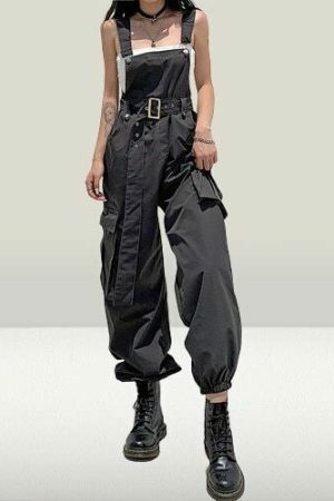 Y2K Streetwear Charcoal Cargo Jumpsuit High Waist Women's Fashion