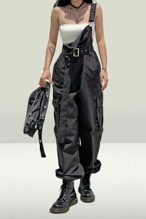 Y2K Streetwear Charcoal Cargo Jumpsuit High Waist Women's Fashion