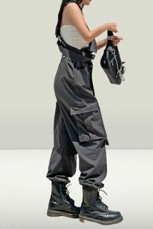 Y2K Streetwear Charcoal Cargo Jumpsuit High Waist Women's Fashion