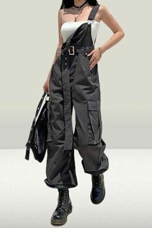 Y2K Streetwear Charcoal Cargo Jumpsuit High Waist Women's Fashion