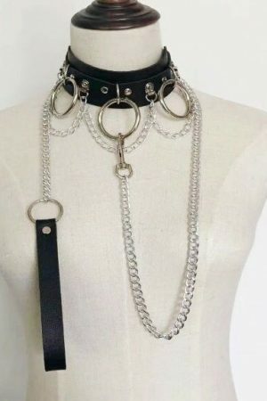 Y2K Streetwear Collar Choker Chain Leash Leather Roleplay Accessory Love Necklace