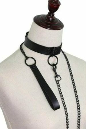 Y2K Streetwear Collar Choker Chain Leash Leather Roleplay Accessory Love Necklace