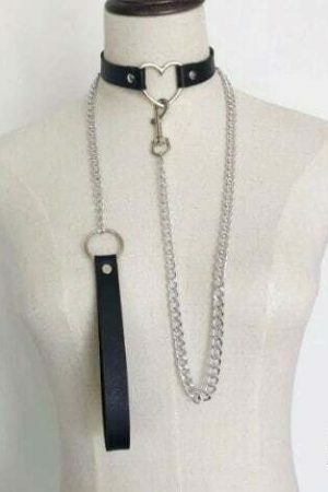 Y2K Streetwear Collar Choker Chain Leash Leather Roleplay Accessory Love Necklace