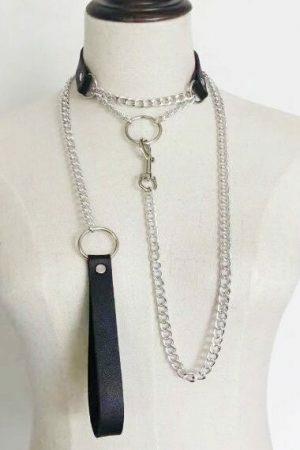 Y2K Streetwear Collar Choker Chain Leash Leather Roleplay Accessory Love Necklace