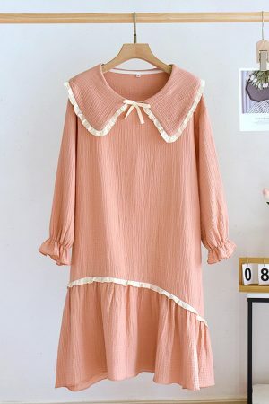 Y2K Streetwear Cotton Night Dress with Doll Neck and Long Sleeves