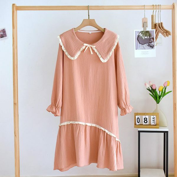 Y2K Streetwear Cotton Night Dress with Doll Neck and Long Sleeves