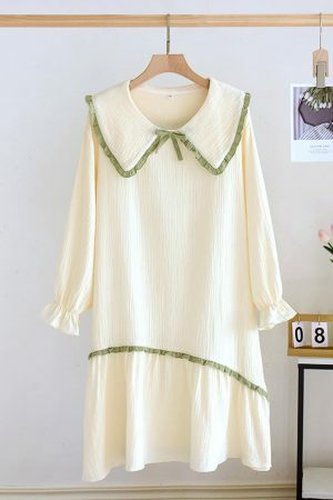 Y2K Streetwear Cotton Night Dress with Doll Neck and Long Sleeves