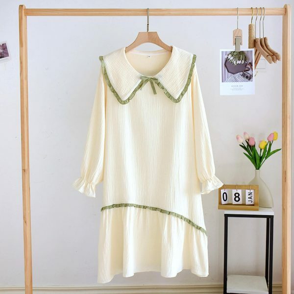 Y2K Streetwear Cotton Night Dress with Doll Neck and Long Sleeves