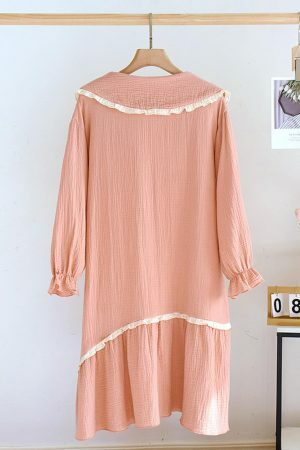 Y2K Streetwear Cotton Night Dress with Doll Neck and Long Sleeves