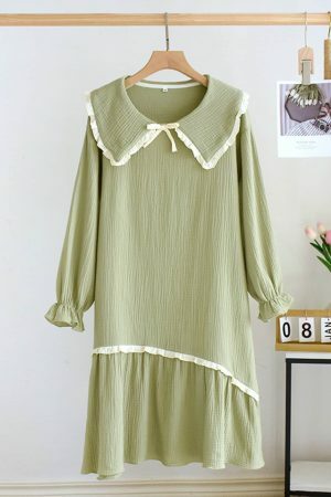 Y2K Streetwear Cotton Night Dress with Doll Neck and Long Sleeves