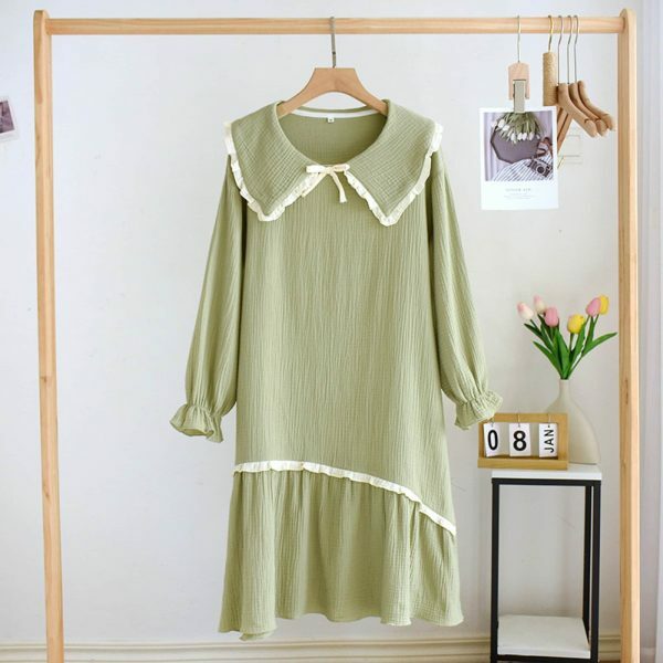 Y2K Streetwear Cotton Night Dress with Doll Neck and Long Sleeves