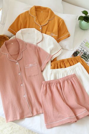 Y2K Streetwear Cotton Pajama Set for Women - Japanese Style Solid Color Shorts & Shirt