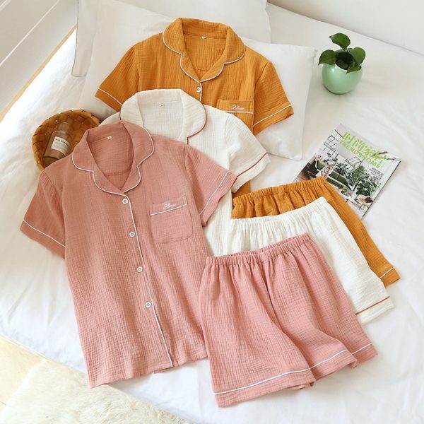 Y2K Streetwear Cotton Pajama Set for Women - Japanese Style Solid Color Shorts & Shirt