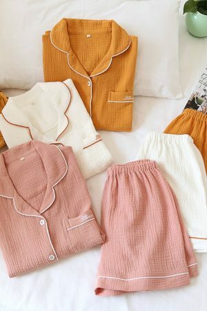 Y2K Streetwear Cotton Pajama Set for Women - Japanese Style Solid Color Shorts & Shirt