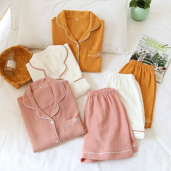 Y2K Streetwear Cotton Pajama Set for Women - Japanese Style Solid Color Shorts & Shirt