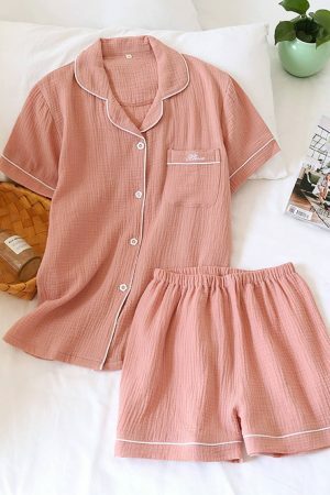 Y2K Streetwear Cotton Pajama Set for Women - Japanese Style Solid Color Shorts & Shirt