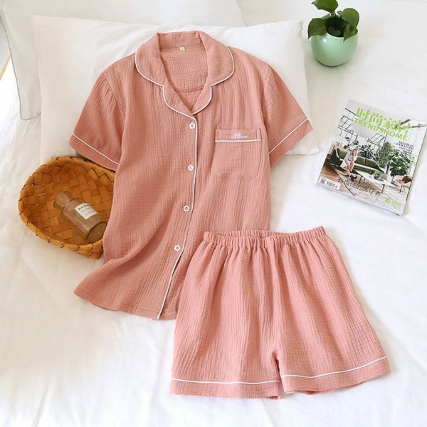 Y2K Streetwear Cotton Pajama Set for Women - Japanese Style Solid Color Shorts & Shirt