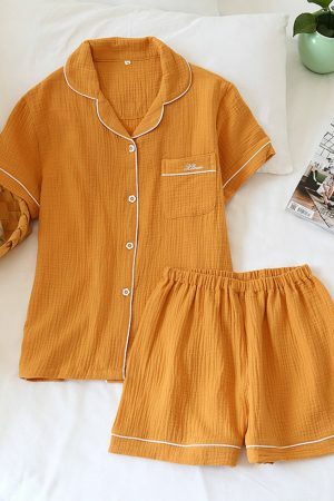 Y2K Streetwear Cotton Pajama Set for Women - Japanese Style Solid Color Shorts & Shirt