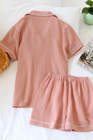 Y2K Streetwear Cotton Pajama Set for Women - Japanese Style Solid Color Shorts & Shirt