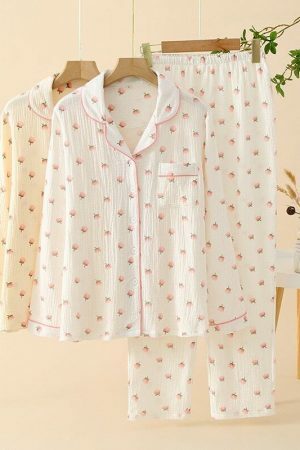 Y2K Streetwear Cotton Pajama Set for Women, Fresh Floral Print Long Sleeve Outfit