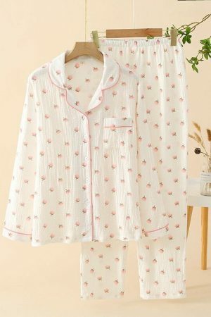 Y2K Streetwear Cotton Pajama Set for Women, Fresh Floral Print Long Sleeve Outfit