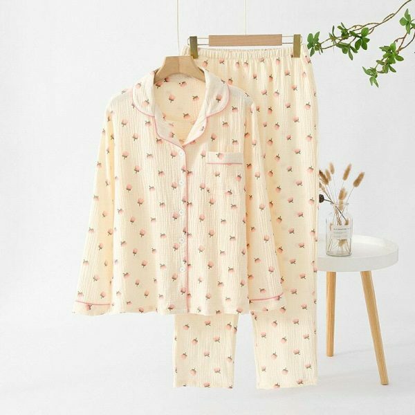 Y2K Streetwear Cotton Pajama Set for Women, Fresh Floral Print Long Sleeve Outfit