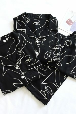 Y2K Streetwear Couple Pajama Set | Black Long Sleeve Cotton Sleepwear