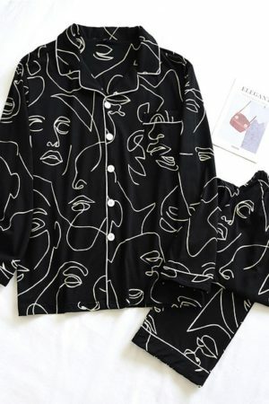 Y2K Streetwear Couple Pajama Set | Black Long Sleeve Cotton Sleepwear