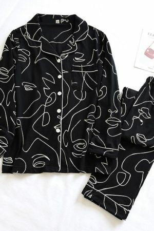 Y2K Streetwear Couple Pajama Set | Black Long Sleeve Cotton Sleepwear