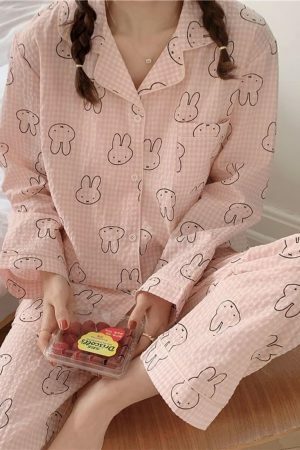 Y2K Streetwear Cute Bear Cotton Pajama Set Long Sleeve Round Neck Leisure Home Sleepwear