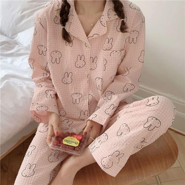 Y2K Streetwear Cute Bear Cotton Pajama Set Long Sleeve Round Neck Leisure Home Sleepwear