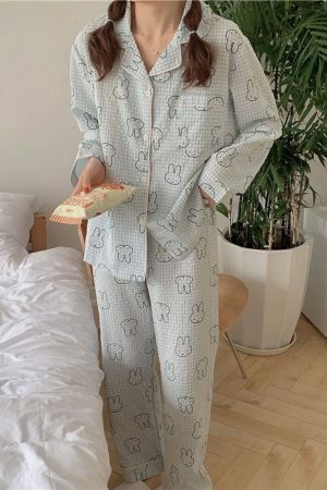 Y2K Streetwear Cute Bear Cotton Pajama Set Long Sleeve Round Neck Leisure Home Sleepwear