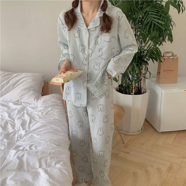 Y2K Streetwear Cute Bear Cotton Pajama Set Long Sleeve Round Neck Leisure Home Sleepwear