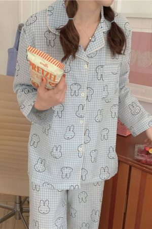 Y2K Streetwear Cute Bear Cotton Pajama Set Long Sleeve Round Neck Leisure Home Sleepwear