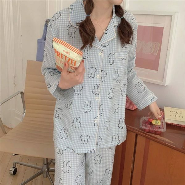 Y2K Streetwear Cute Bear Cotton Pajama Set Long Sleeve Round Neck Leisure Home Sleepwear