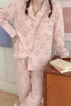 Y2K Streetwear Cute Bear Cotton Pajama Set Long Sleeve Round Neck Leisure Home Sleepwear