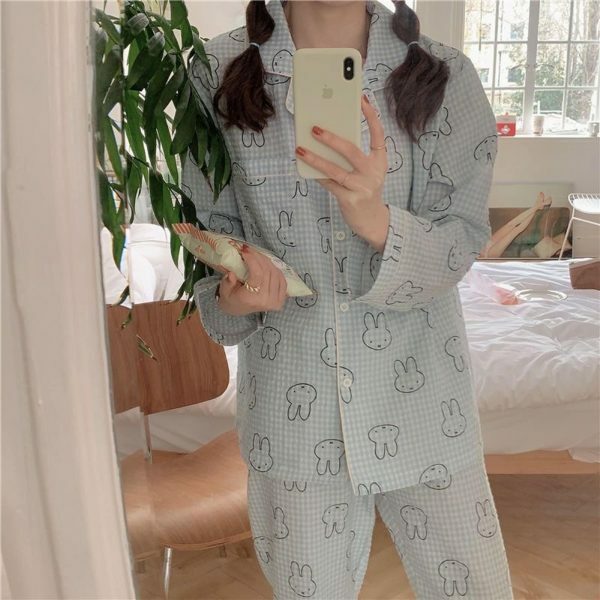 Y2K Streetwear Cute Bear Cotton Pajama Set Long Sleeve Round Neck Leisure Home Sleepwear