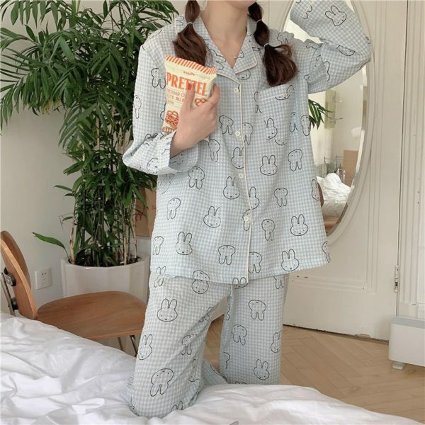 Y2K Streetwear Cute Bear Cotton Pajama Set Long Sleeve Round Neck Leisure Home Sleepwear