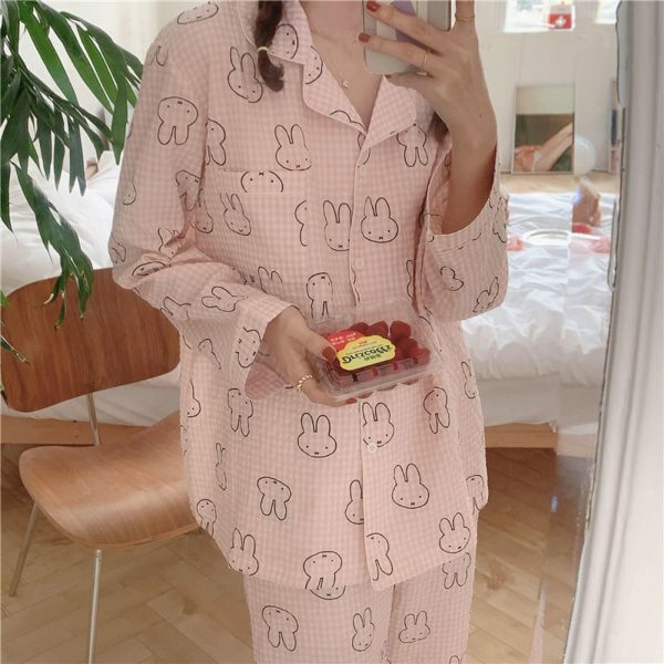 Y2K Streetwear Cute Bear Cotton Pajama Set Long Sleeve Round Neck Leisure Home Sleepwear