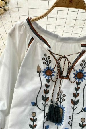 Y2K Streetwear Embroidered Linen Blouse