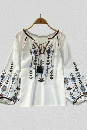 Y2K Streetwear Embroidered Linen Blouse