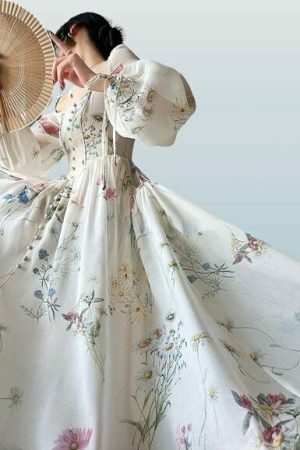 Y2K Streetwear Fairy Dresses Floral Tulle Wedding Vintage Princess Victorian