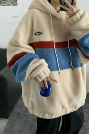 Y2K Streetwear Fleece Patchwork Hooded T-Shirt Coat Casual Tops Sweater