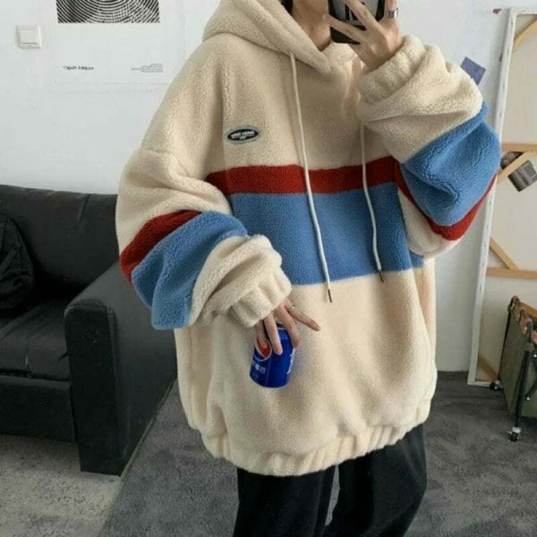 Y2K Streetwear Fleece Patchwork Hooded T-Shirt Coat Casual Tops Sweater