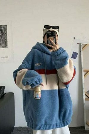 Y2K Streetwear Fleece Patchwork Hooded T-Shirt Coat Casual Tops Sweater