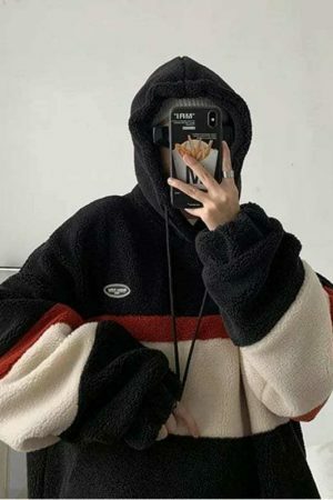 Y2K Streetwear Fleece Patchwork Hooded T-Shirt Coat Casual Tops Sweater