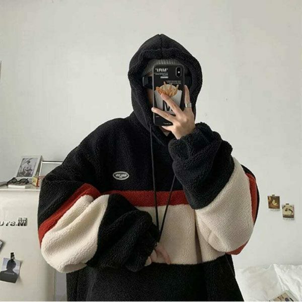 Y2K Streetwear Fleece Patchwork Hooded T-Shirt Coat Casual Tops Sweater