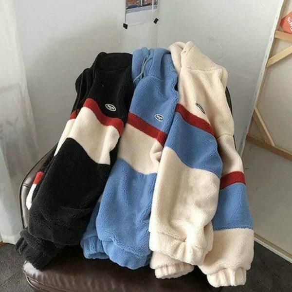 Y2K Streetwear Fleece Patchwork Hooded T-Shirt Coat Casual Tops Sweater