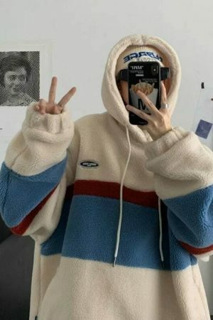 Y2K Streetwear Fleece Patchwork Hooded T-Shirt Coat Casual Tops Sweater